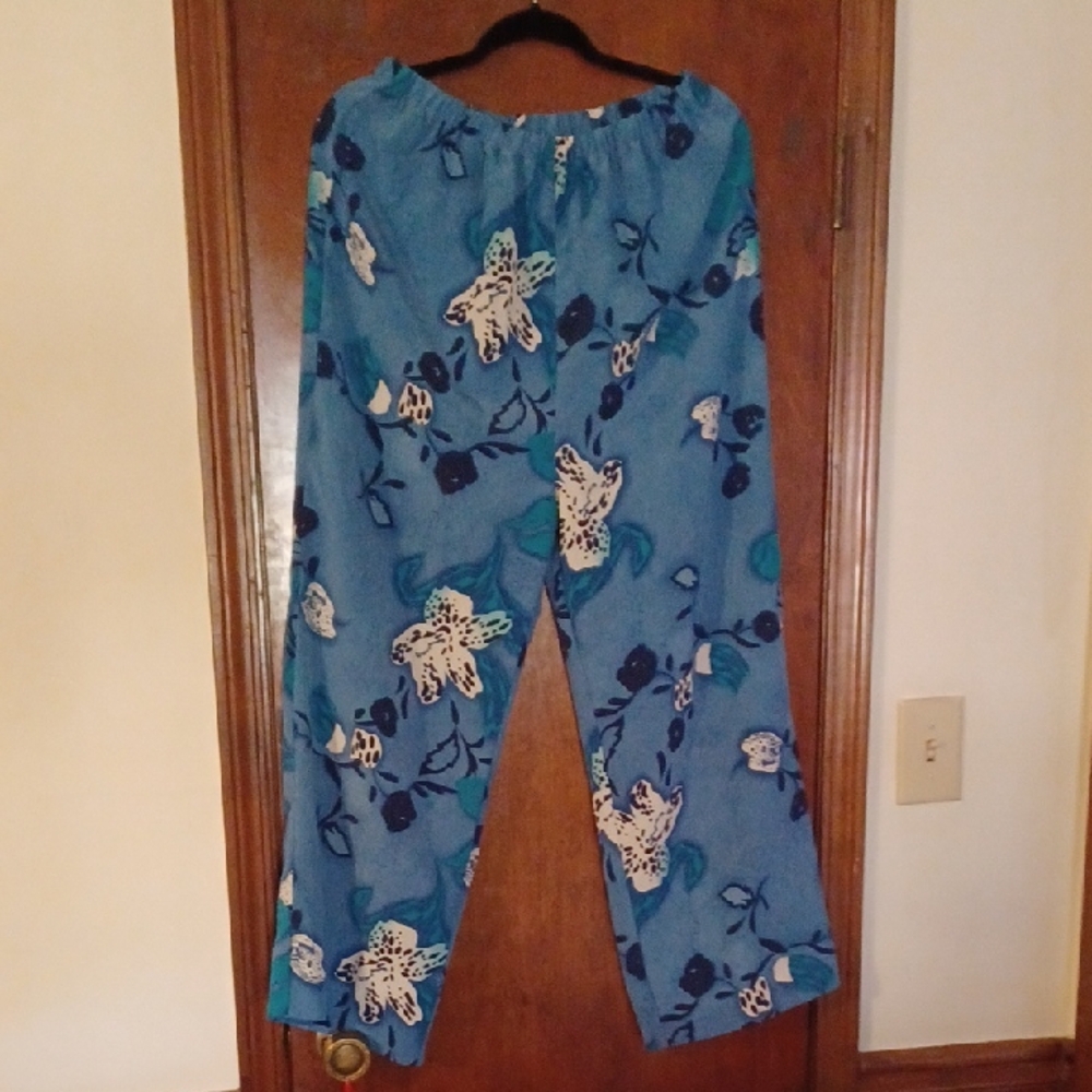 Blue Floral Wide Leg Pants, Frenzi, L,  100% Polyester,